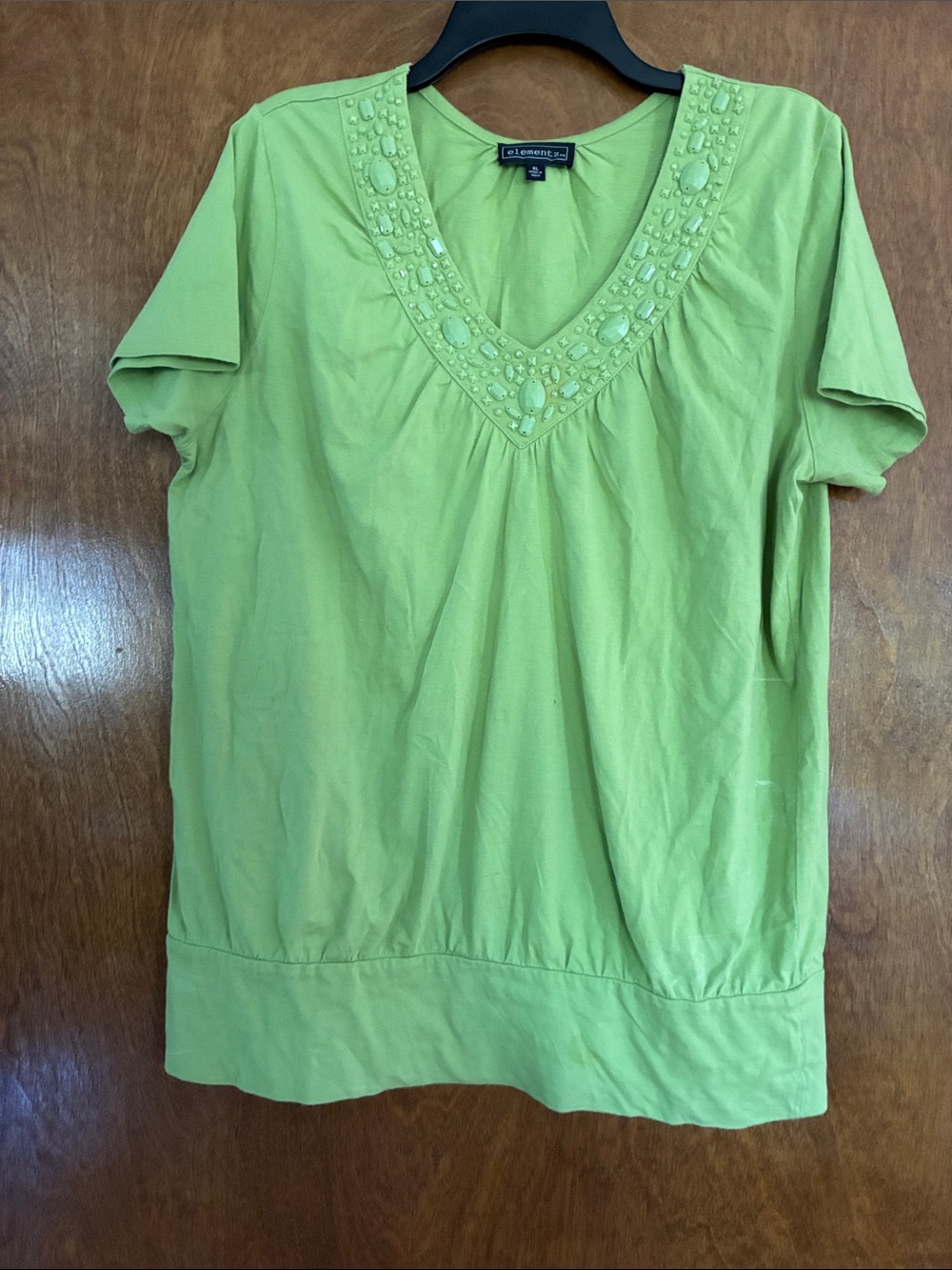 Elementz Lime Green Beaded V-Neck Short Sleeve Top Size XL